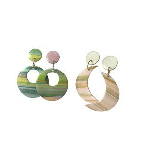 Lot 2 Earrings Resin Green Peach Abstract Crescent Moon Dangle Retro Lightweight